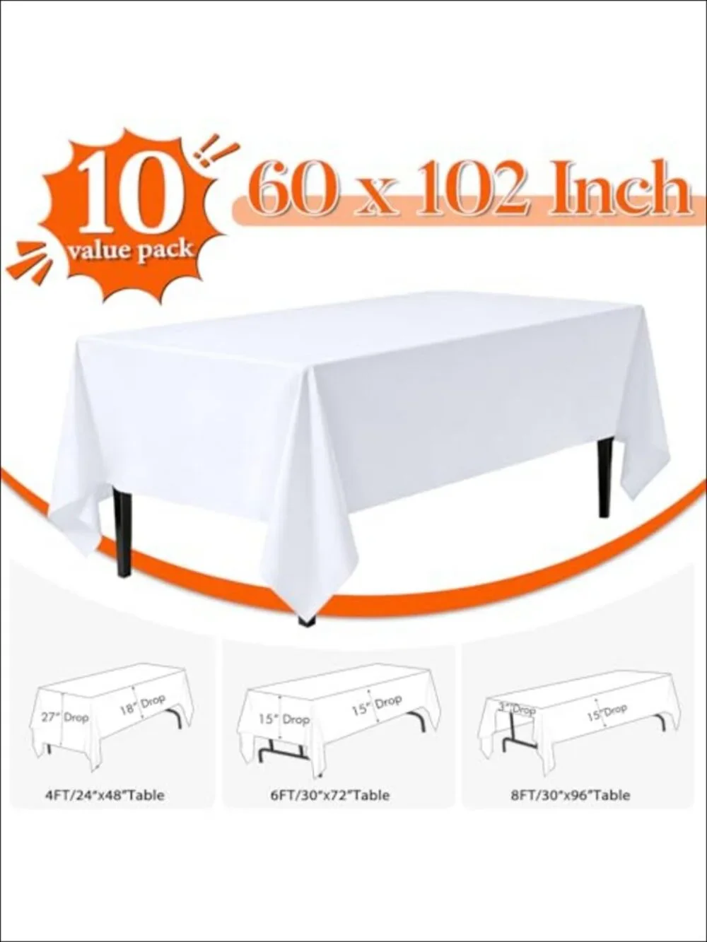10 Pack White Rectangle Table Cloth 60x102 Inch Polyester for 6 Foot Tables